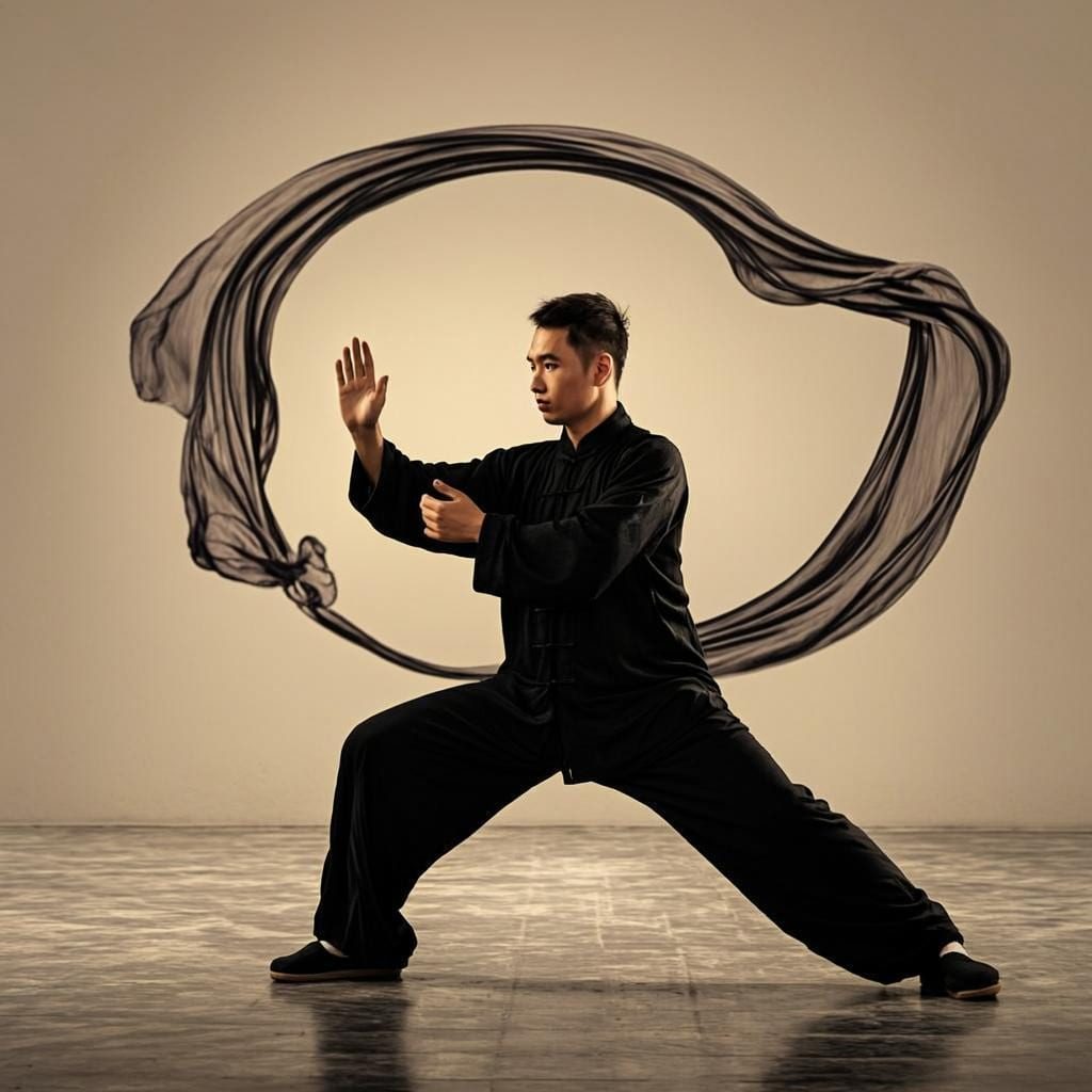 Silhueta em postura de Tai Chi com tecido em movimento